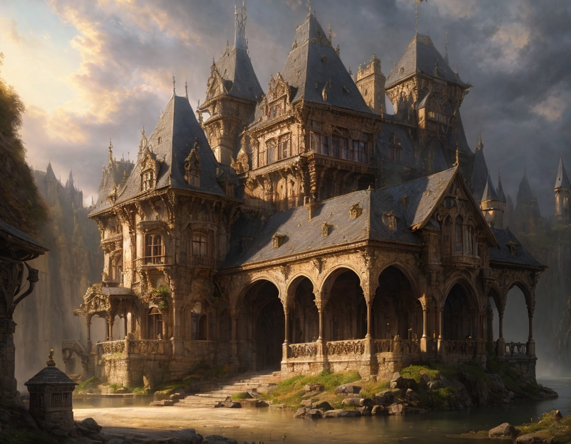 Majestic fantasy castle by tranquil river under warm sunlight