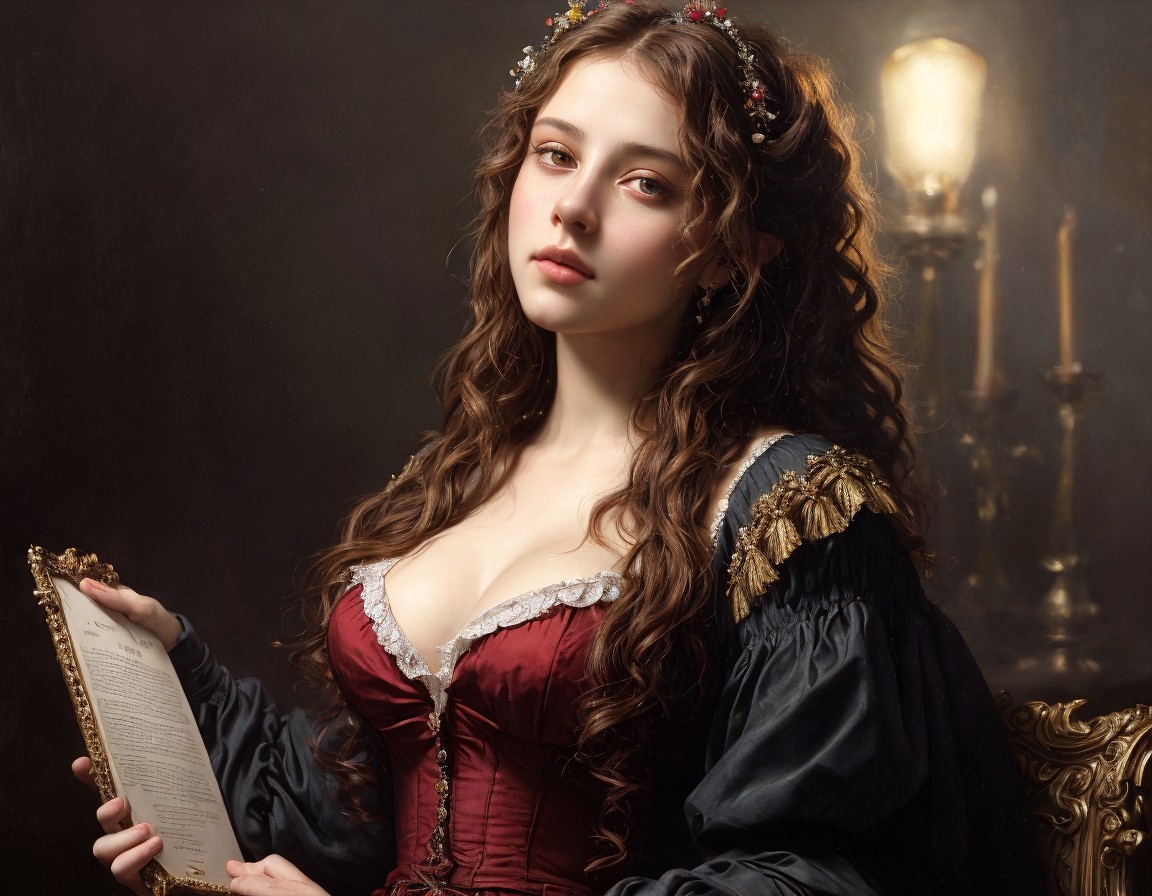 Historical woman with book in intricate attire against candlelit background