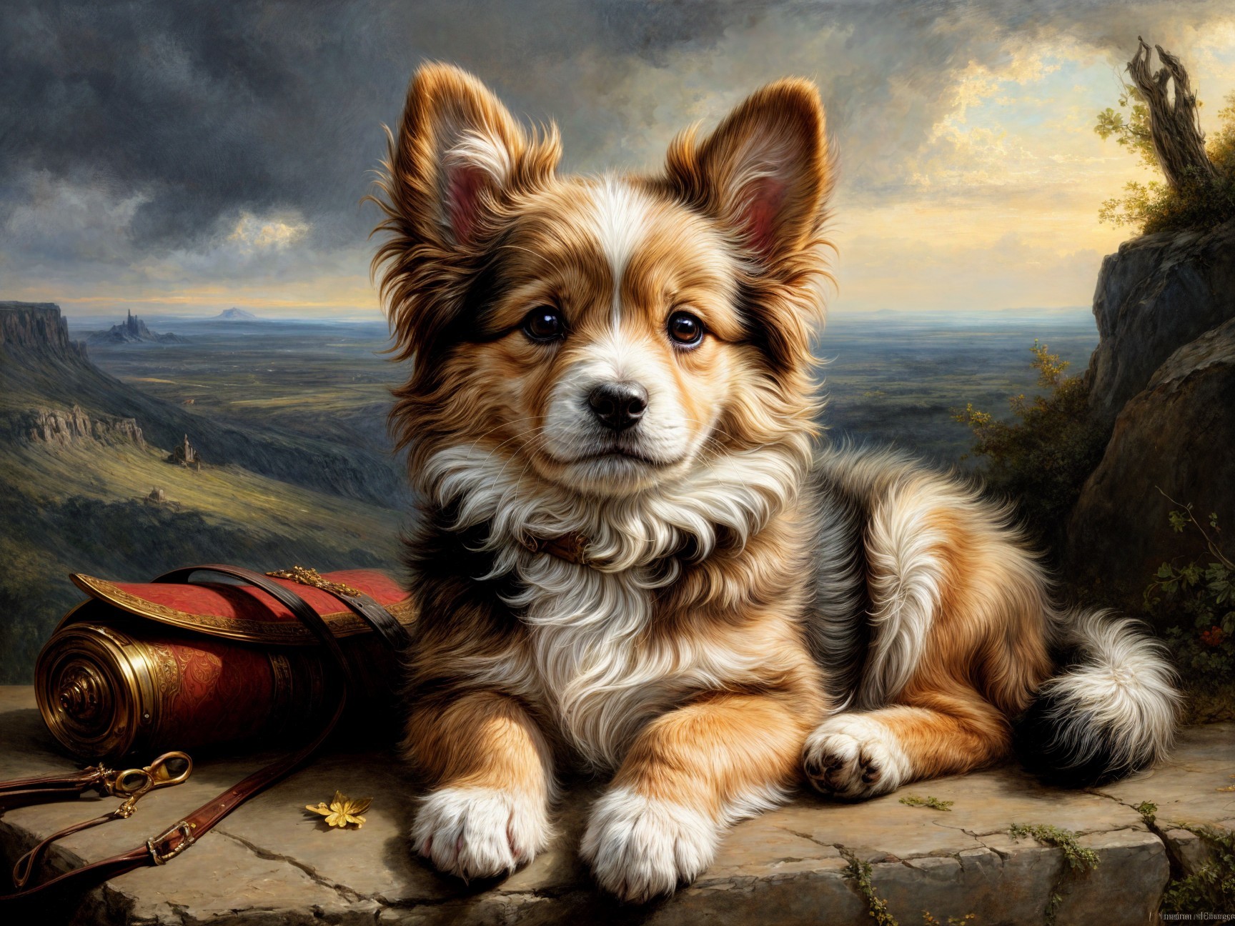 Fluffy Corgi Puppy on Rocky Ledge with Scenic Background