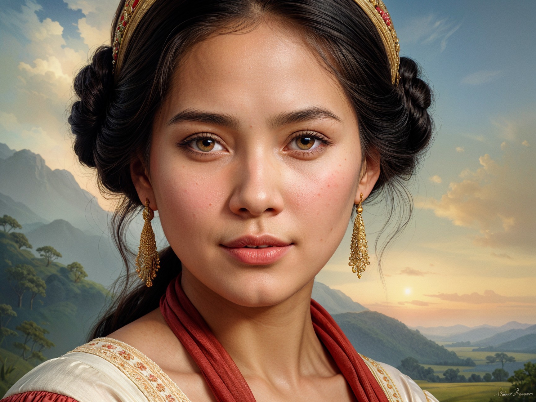 Young woman in traditional attire with serene landscape