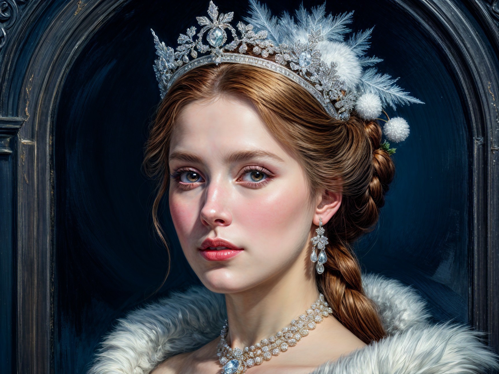 Young Woman in Jewel-Studded Crown and Elegant Attire