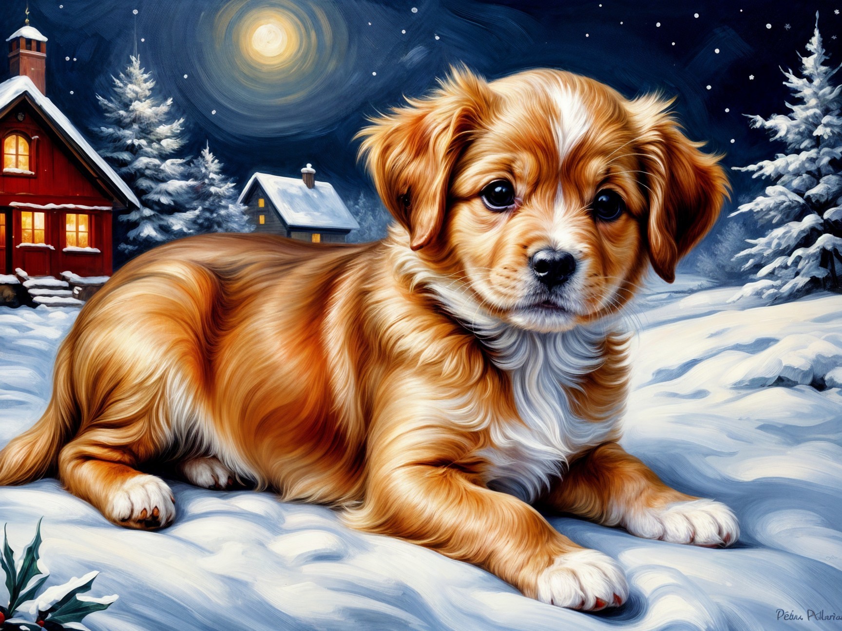 Golden-brown puppy in snow with cozy cottage backdrop