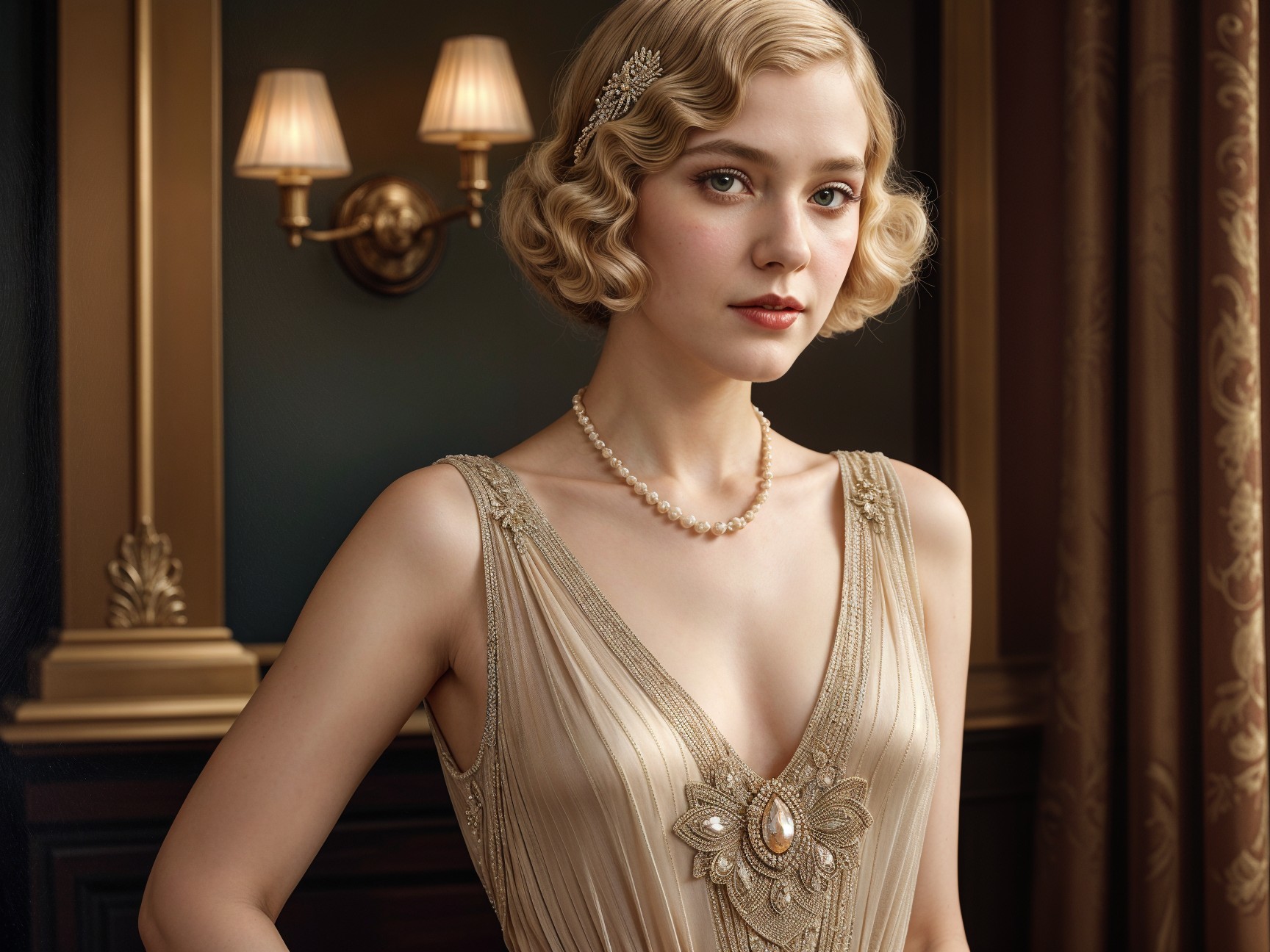 Glamorous Woman in Art Deco Dress with Vintage Charm