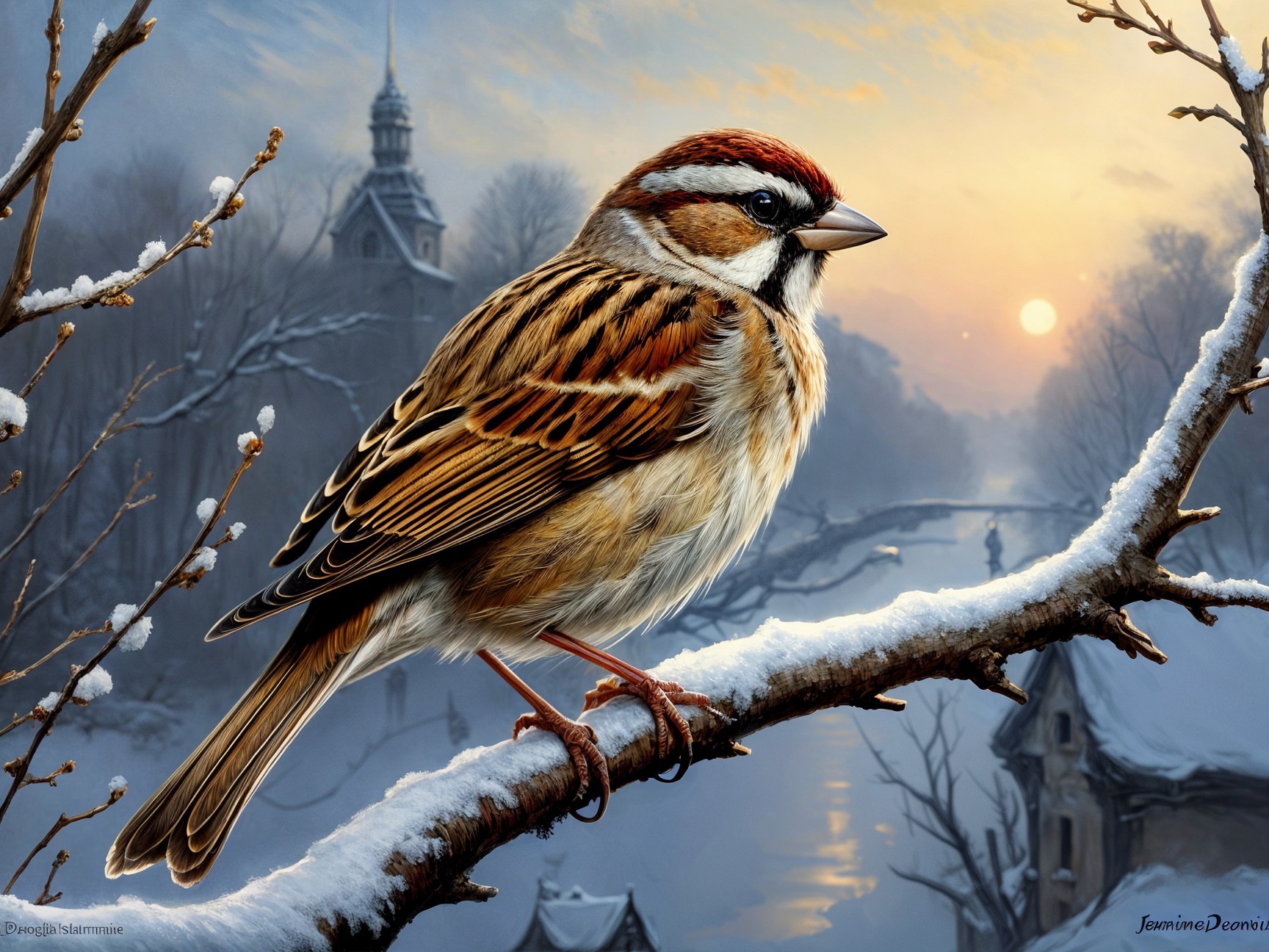 Sparrow on Snow-Covered Branch in Winter Landscape