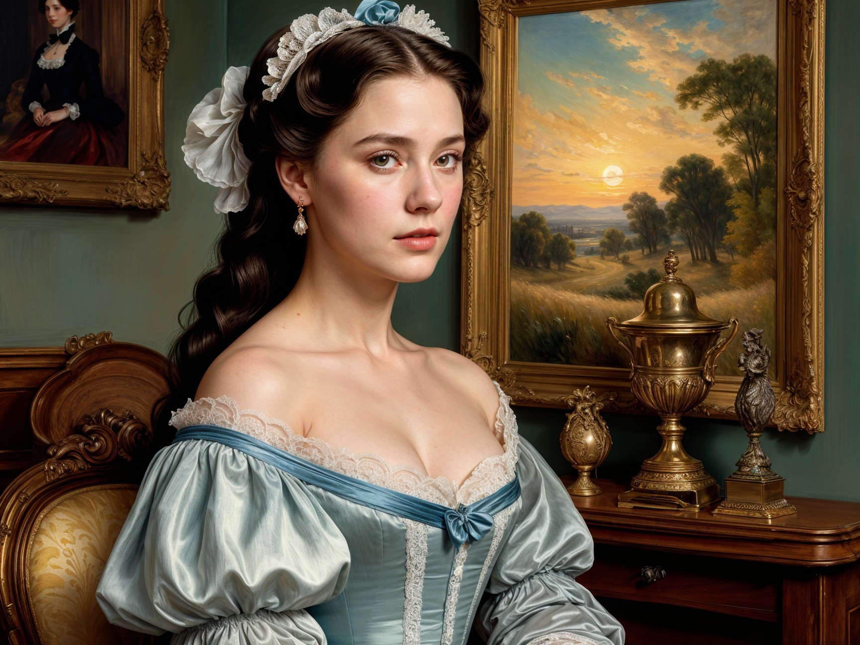 Elegant Woman in Blue Gown Against Serene Landscape