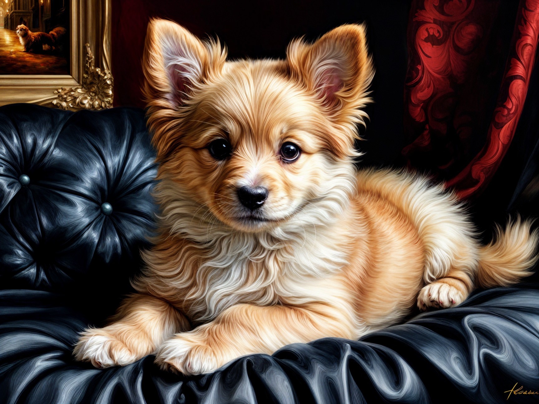 Fluffy Golden Puppy on Plush Black Sofa with Decor