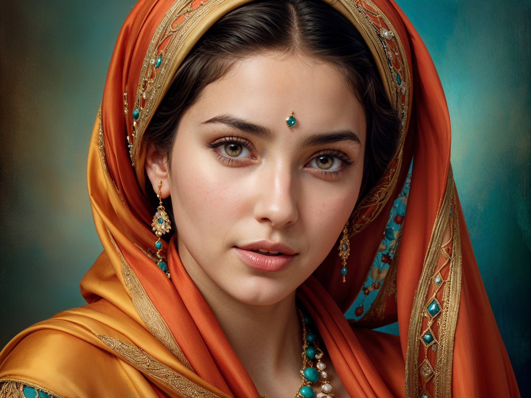 Young woman in orange headscarf with elegant jewelry