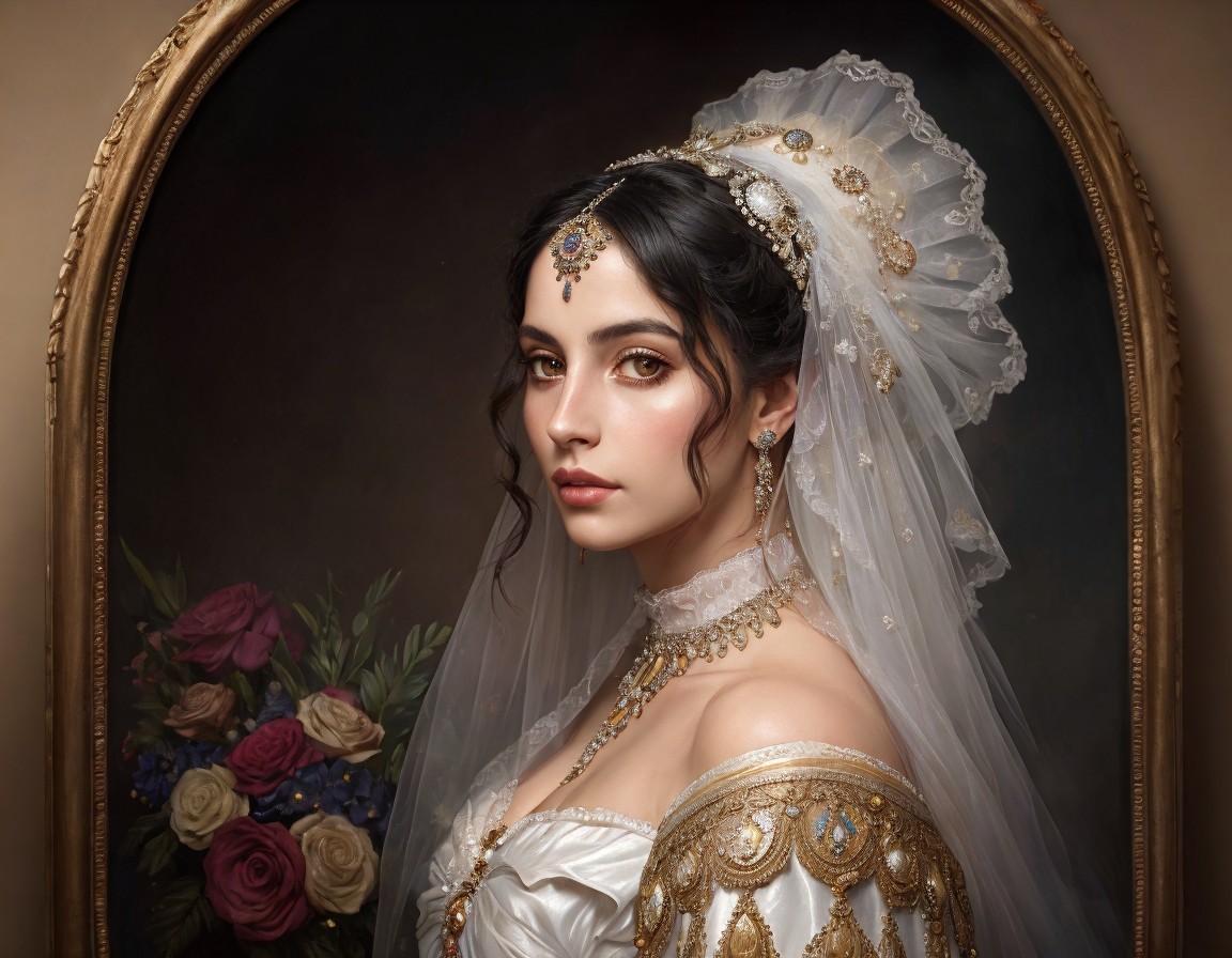 Elegant Young Woman in Embroidered Gown and Veil