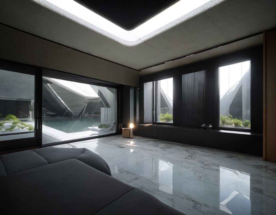 Minimalist Bedroom with Large Windows, Marble Flooring, Abstract Architecture View, Low Bed, Subtle Lighting