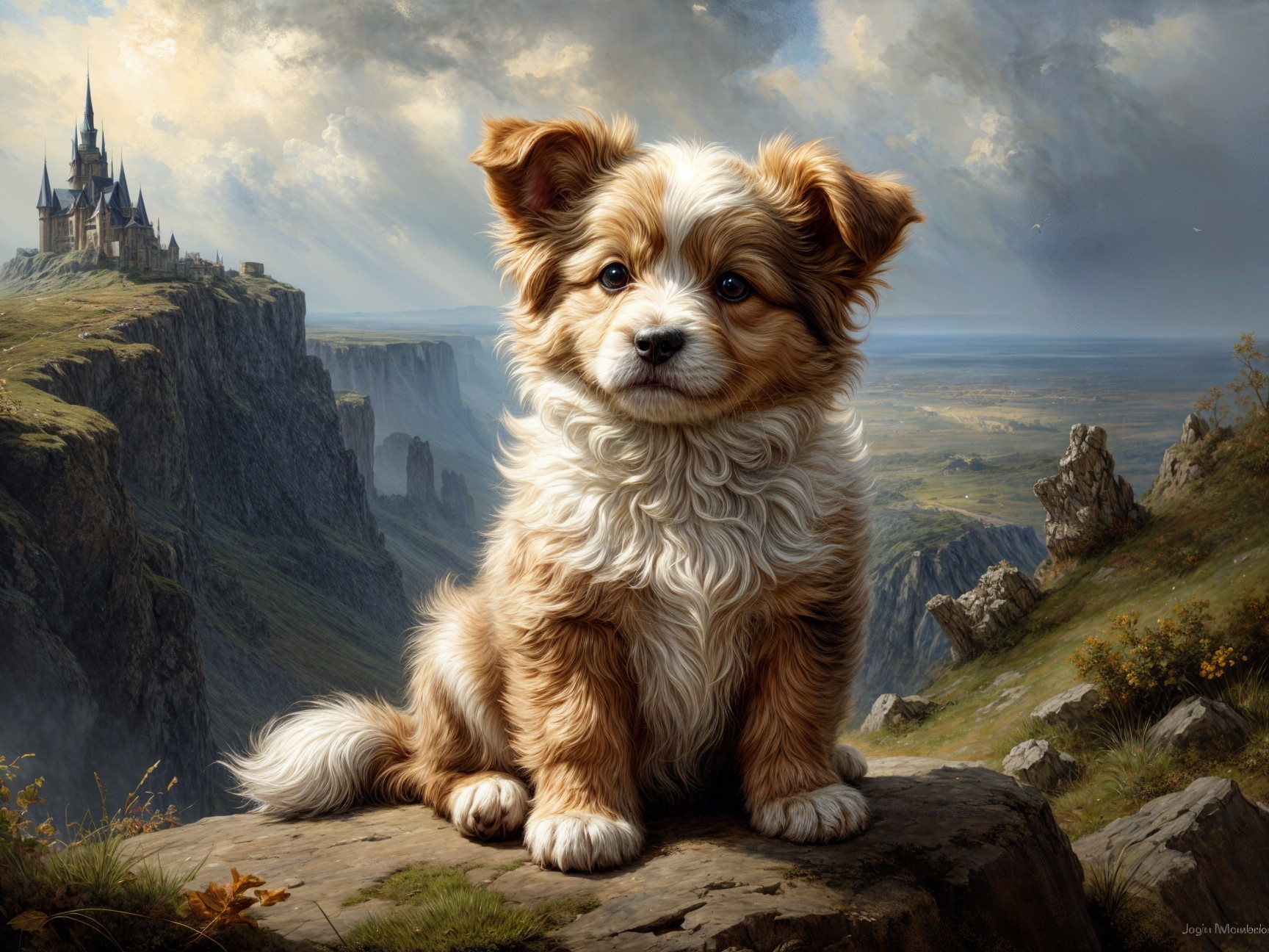 Playful Puppy on Rocky Ledge with Castle Background