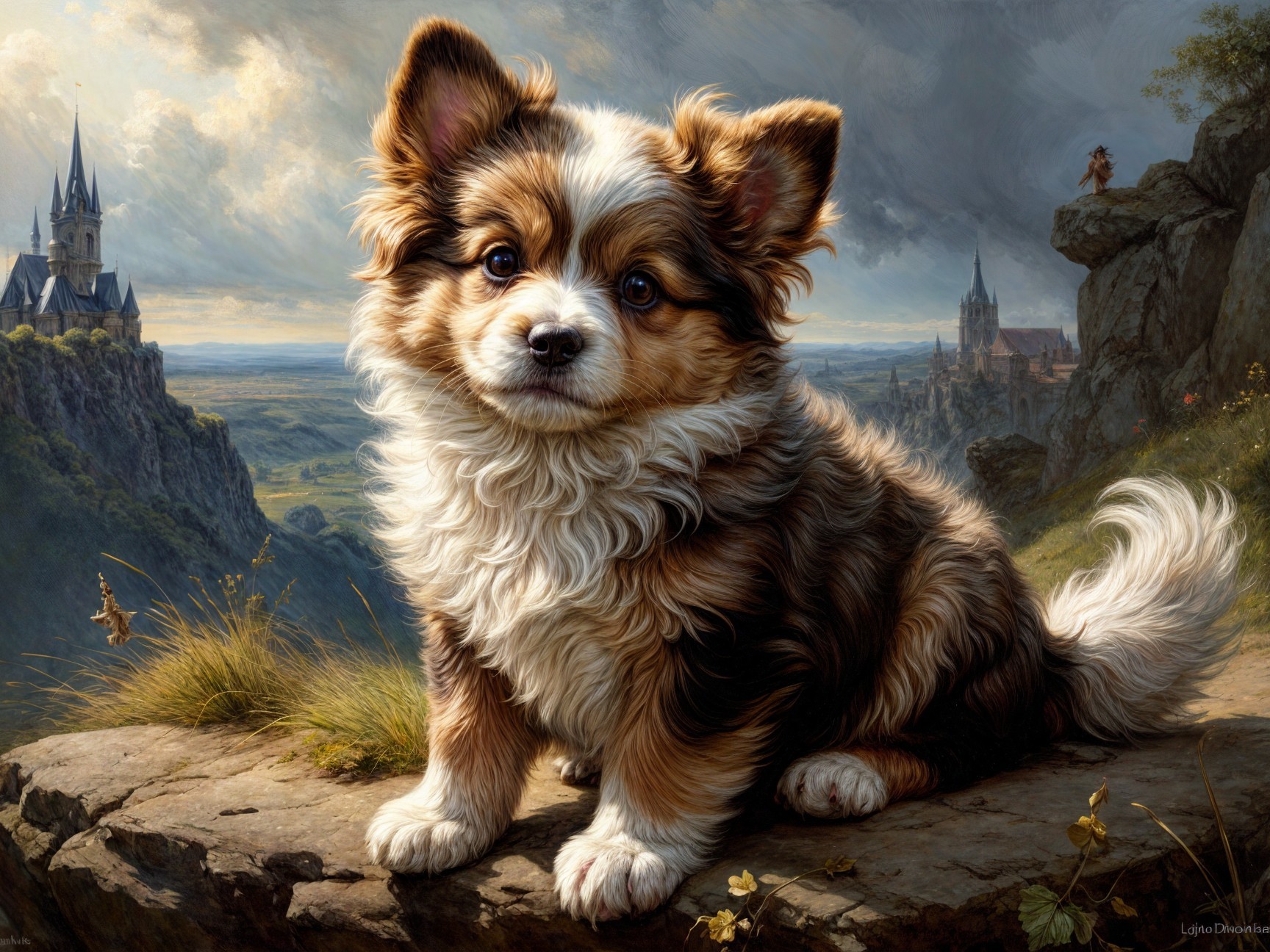 Fluffy Puppy on Rocky Ledge with Scenic Landscape