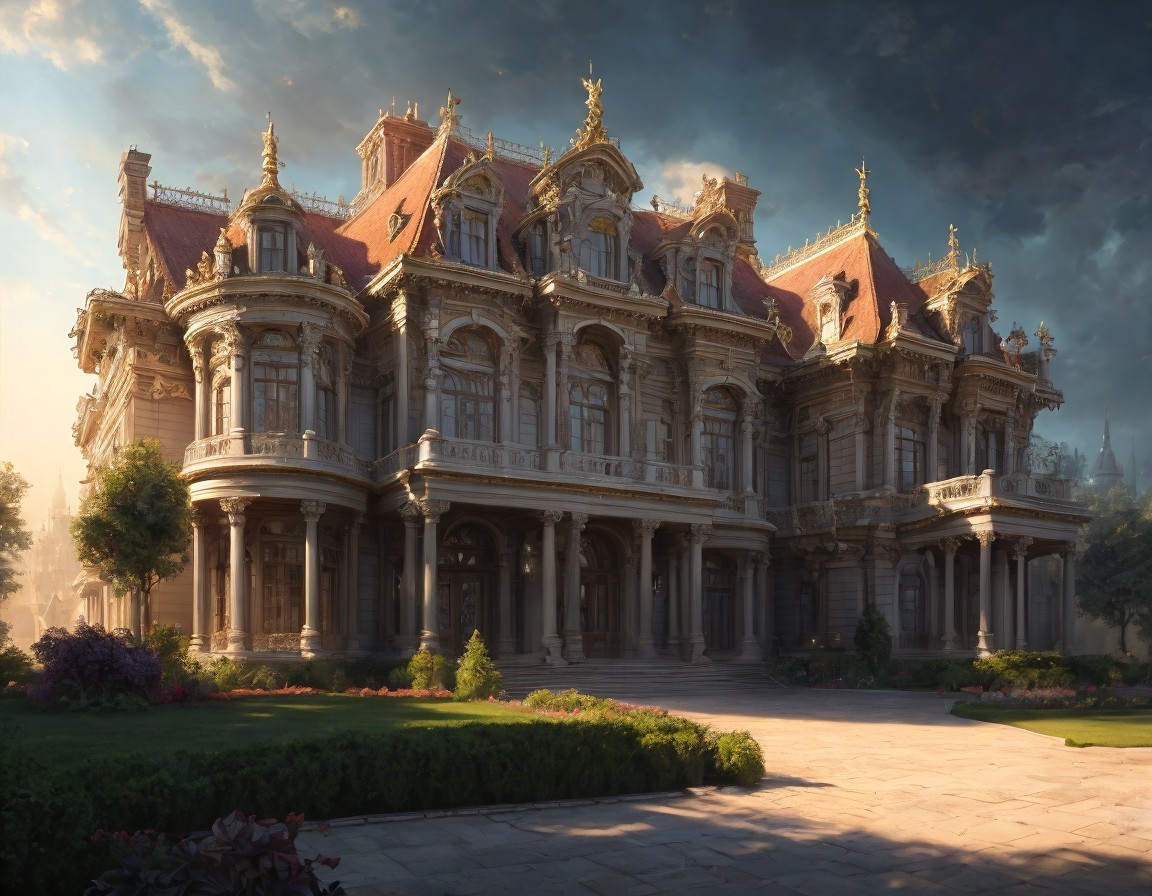 Grand mansion with intricate architecture in manicured gardens under moody sky