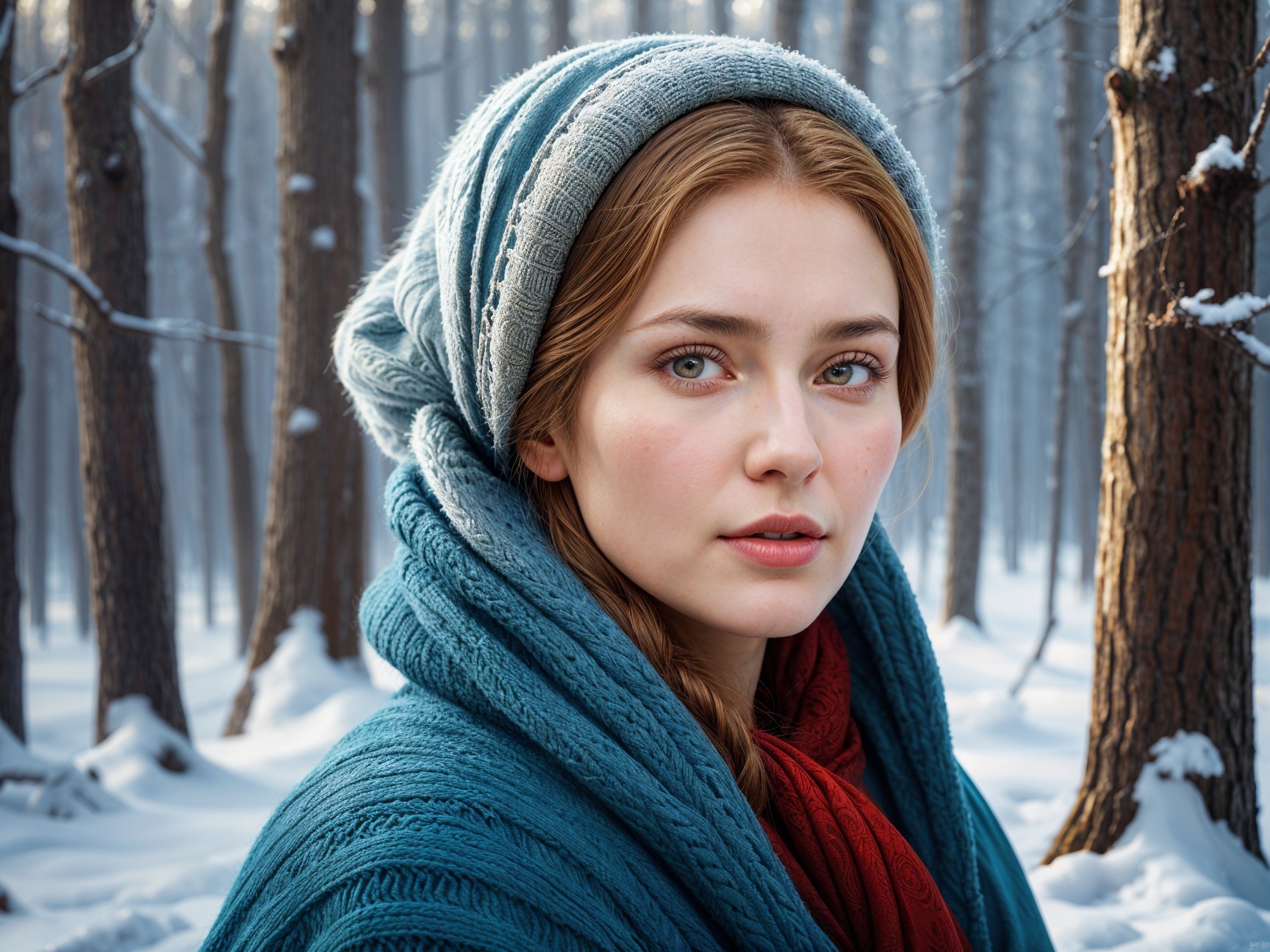 Young Woman in Snowy Forest with Expressive Eyes