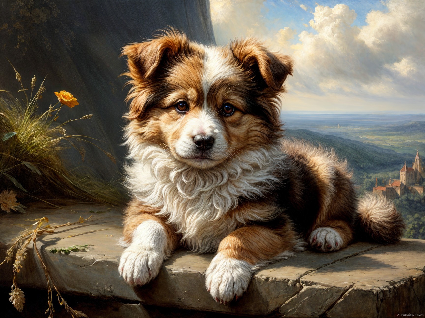 Fluffy Brown and White Puppy on a Stone Ledge