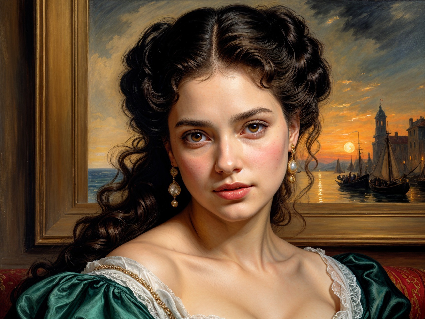 Young Woman in Elegant Dress by Serene Sunset Scene