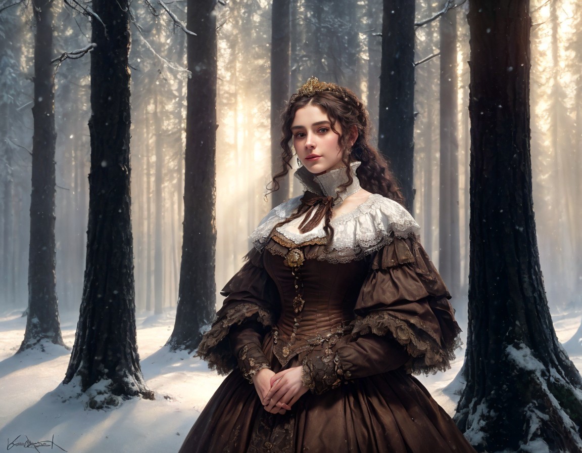 Victorian-era woman in detailed dress in snowy forest with sunlight filtering.