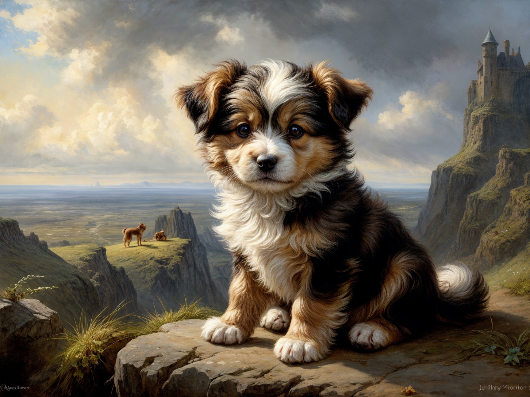 Curly-coated puppy on rocky ledge with dramatic landscape