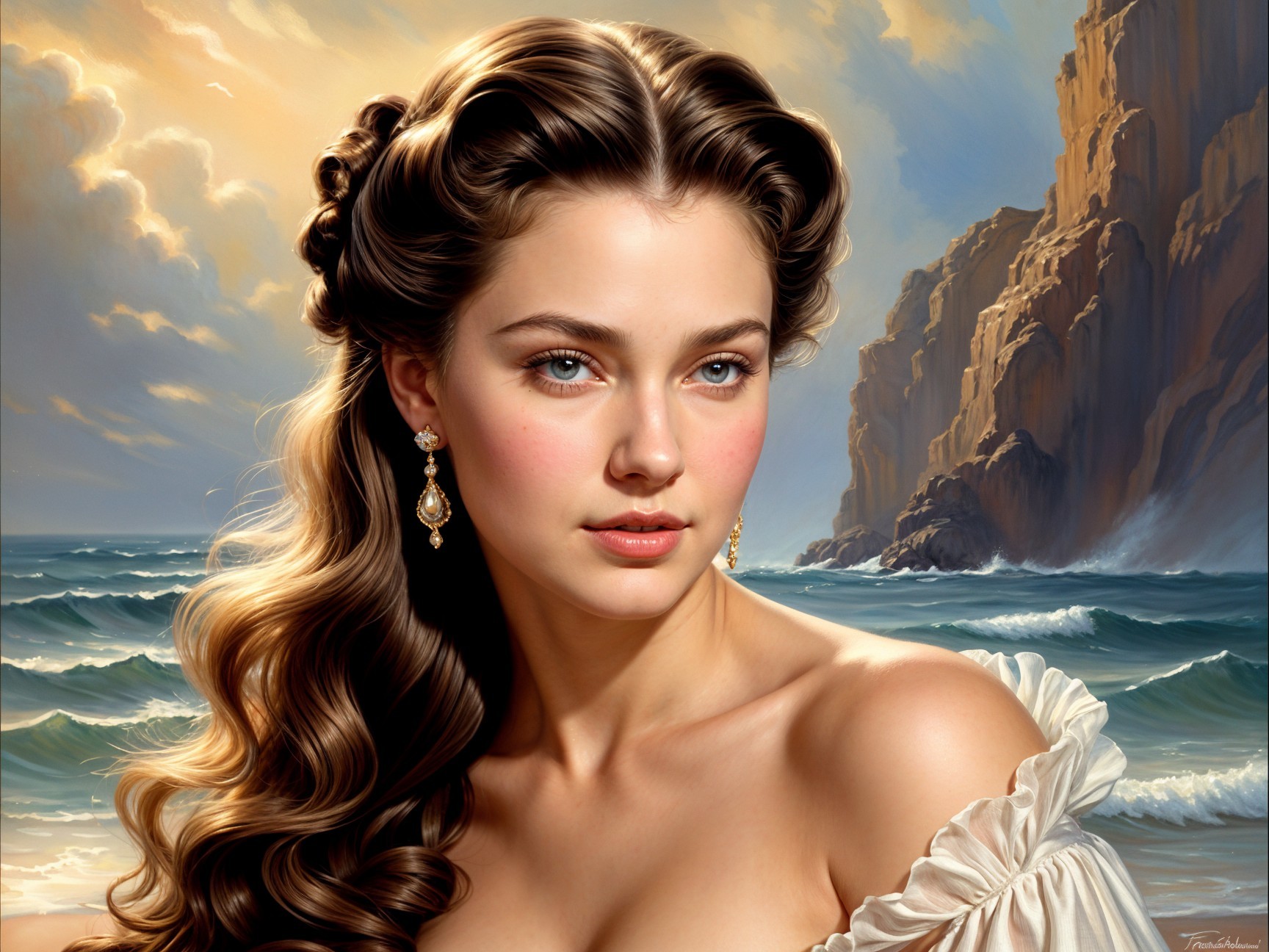 Young woman in elegant dress by serene seascape
