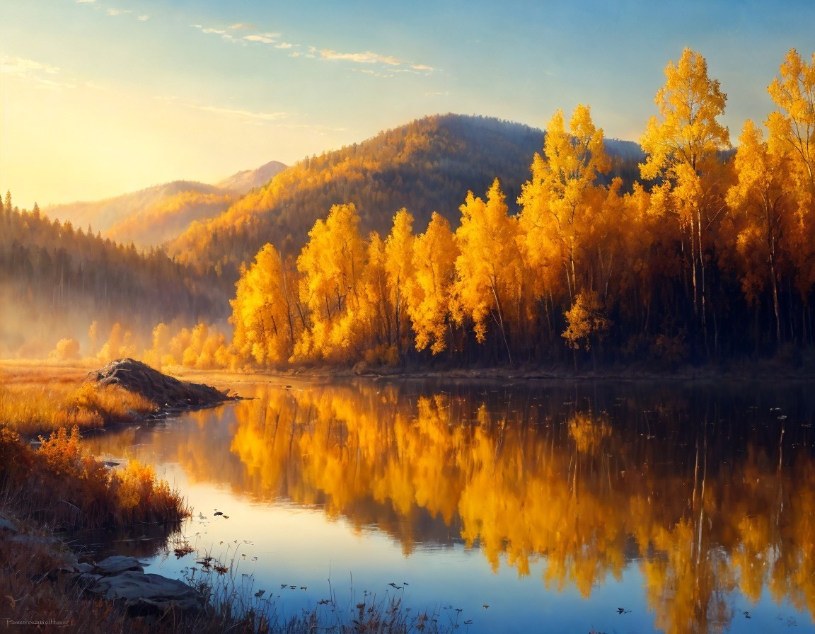 Tranquil autumn landscape with golden trees, river, and hills at sunrise or sunset