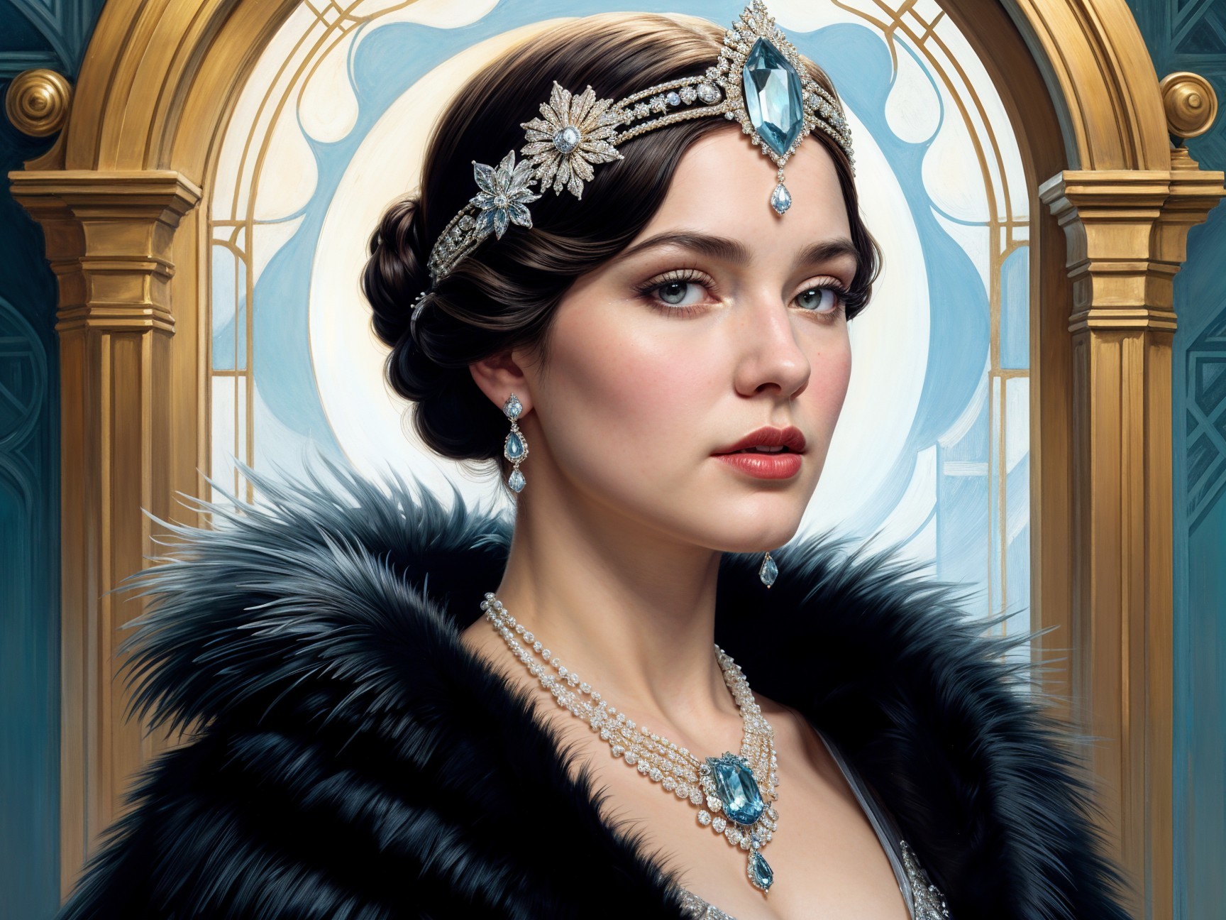 Glamorous Woman in Black Fur and Sparkling Jewelry