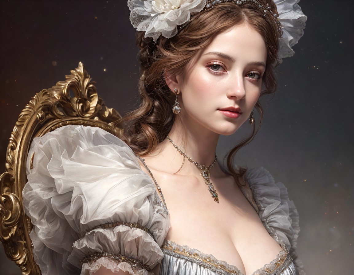 Woman in vintage lace dress by ornate golden mirror