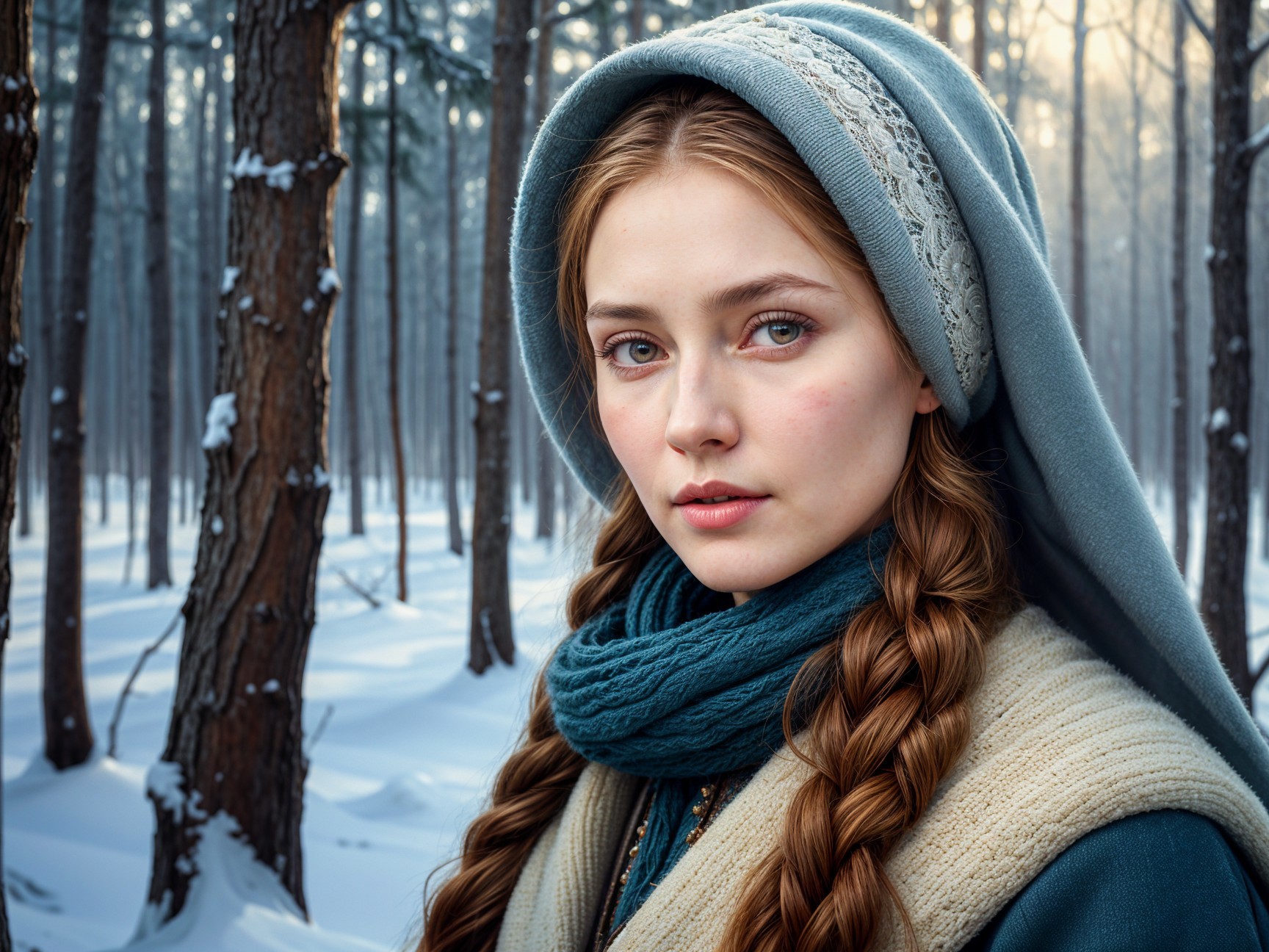 Young Woman in Snowy Forest with Frosted Trees
