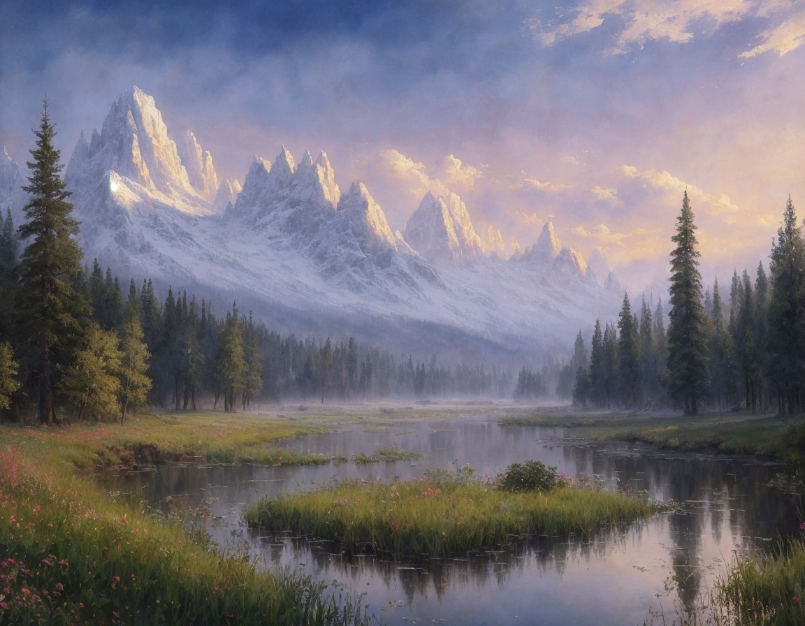 Misty river, pine trees, flowers, snow-capped peaks in serene landscape