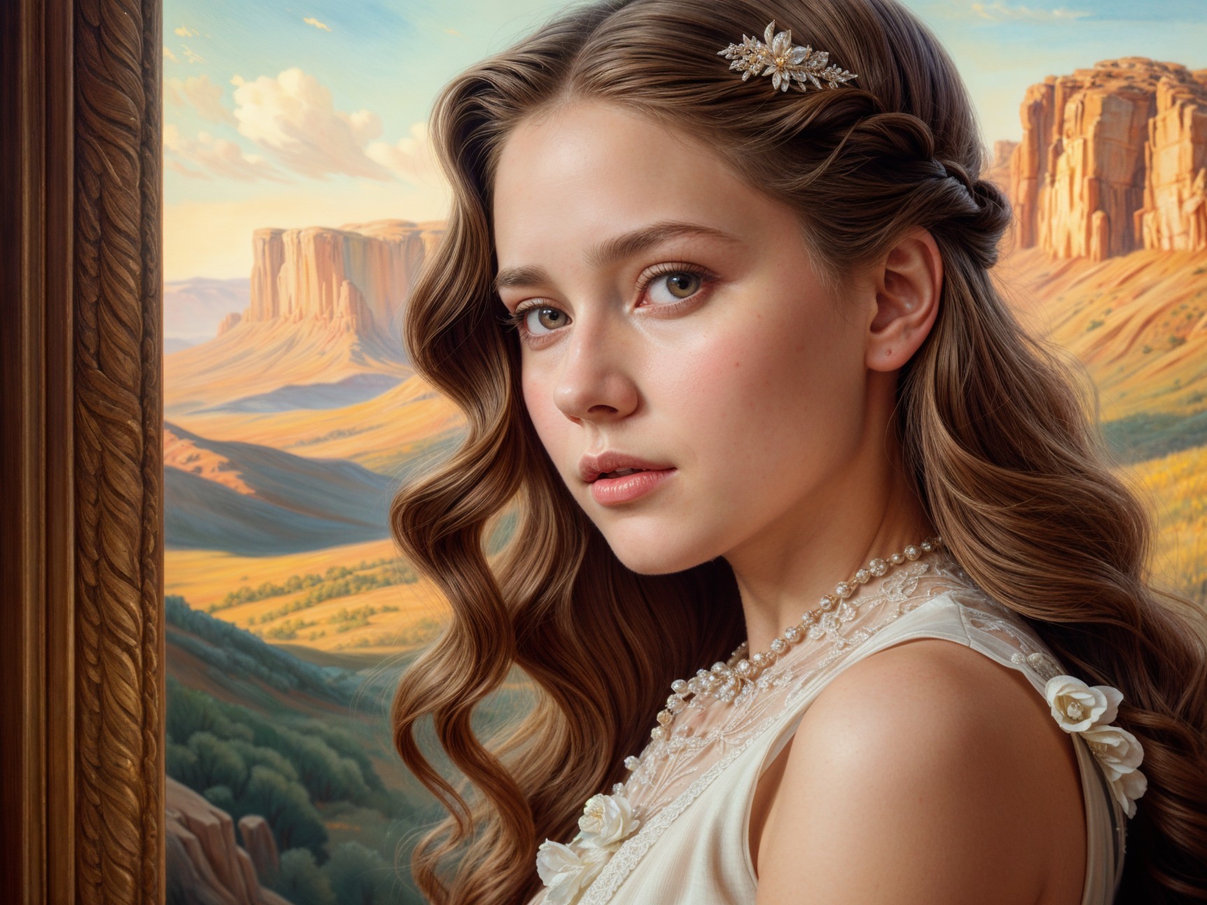 Young woman in floral dress against serene landscape