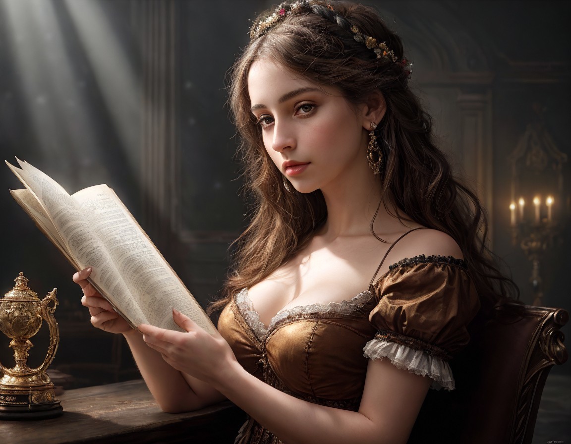 Historical woman reading book in sunlit elegant room