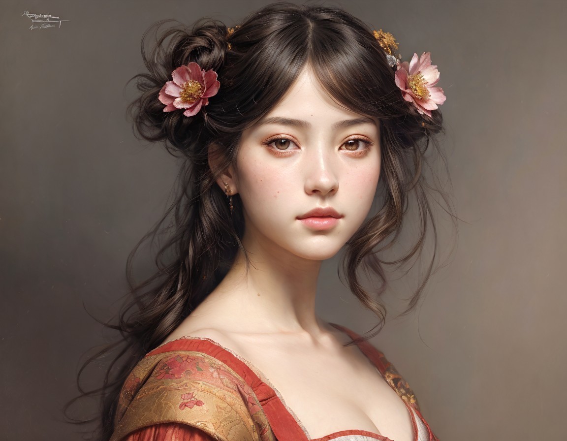 Ethereal woman with flowing hair and flowers in digital painting