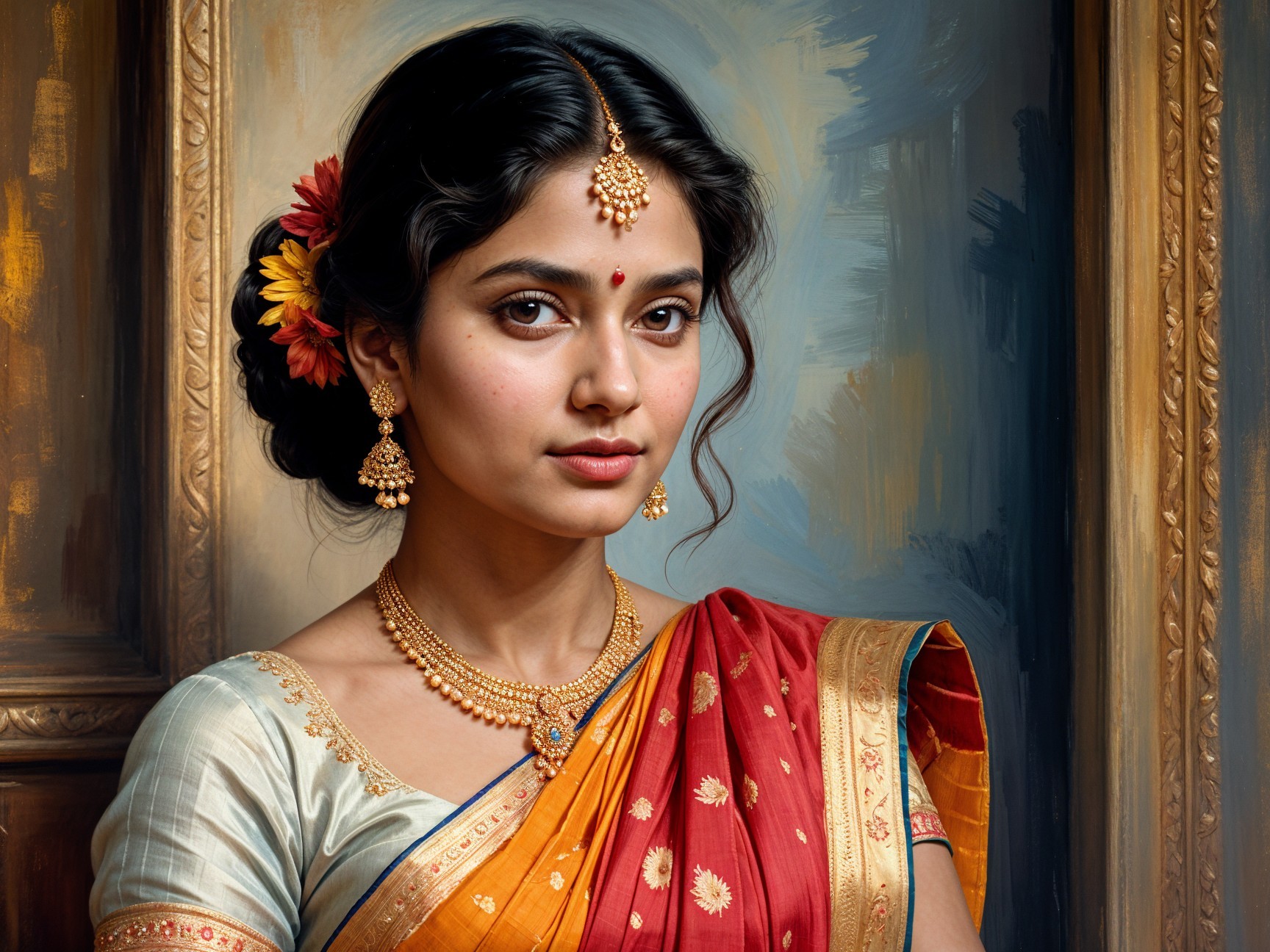 Young Woman in Vibrant Orange and Gold Saree