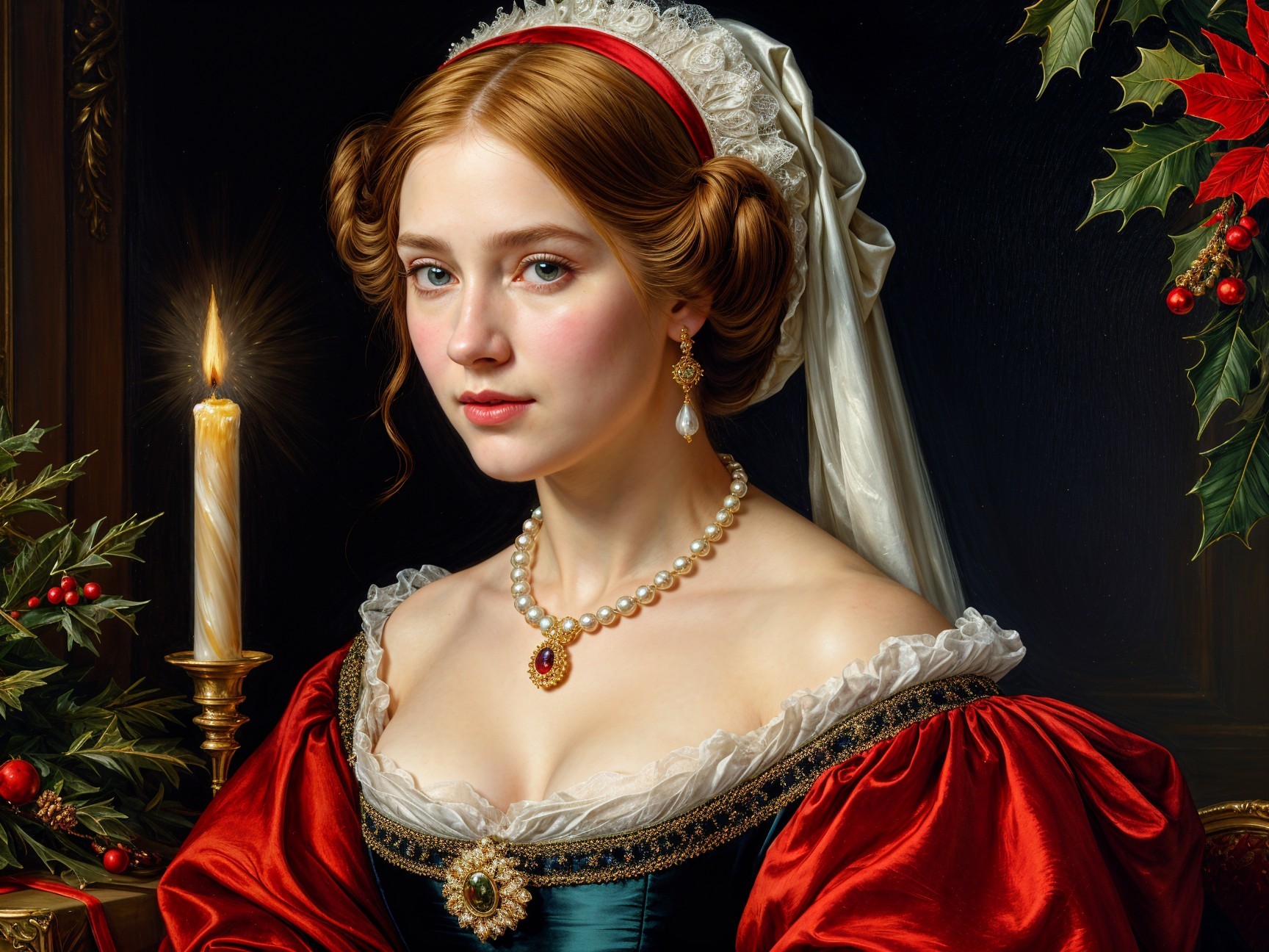 Elegant Woman in Red Dress with Festive Decorations