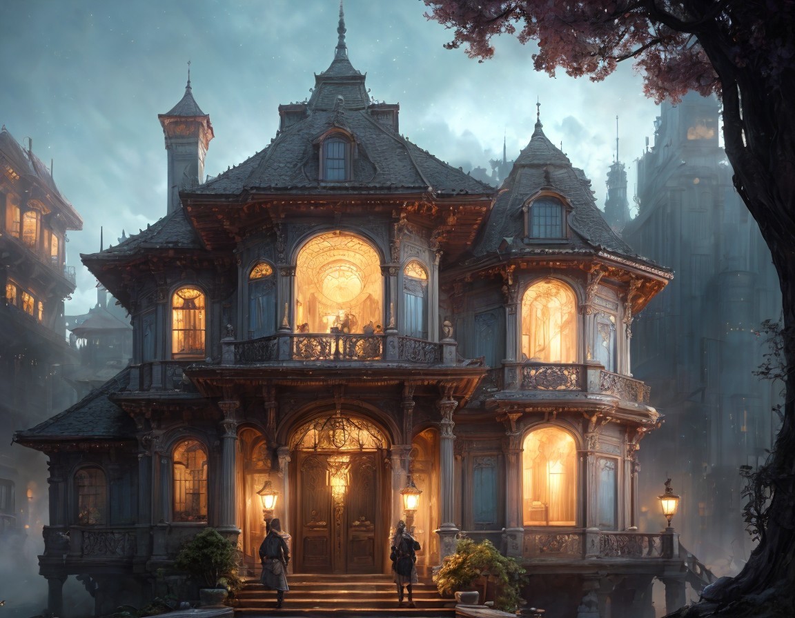 Ornate mansion with turrets and balconies in mist