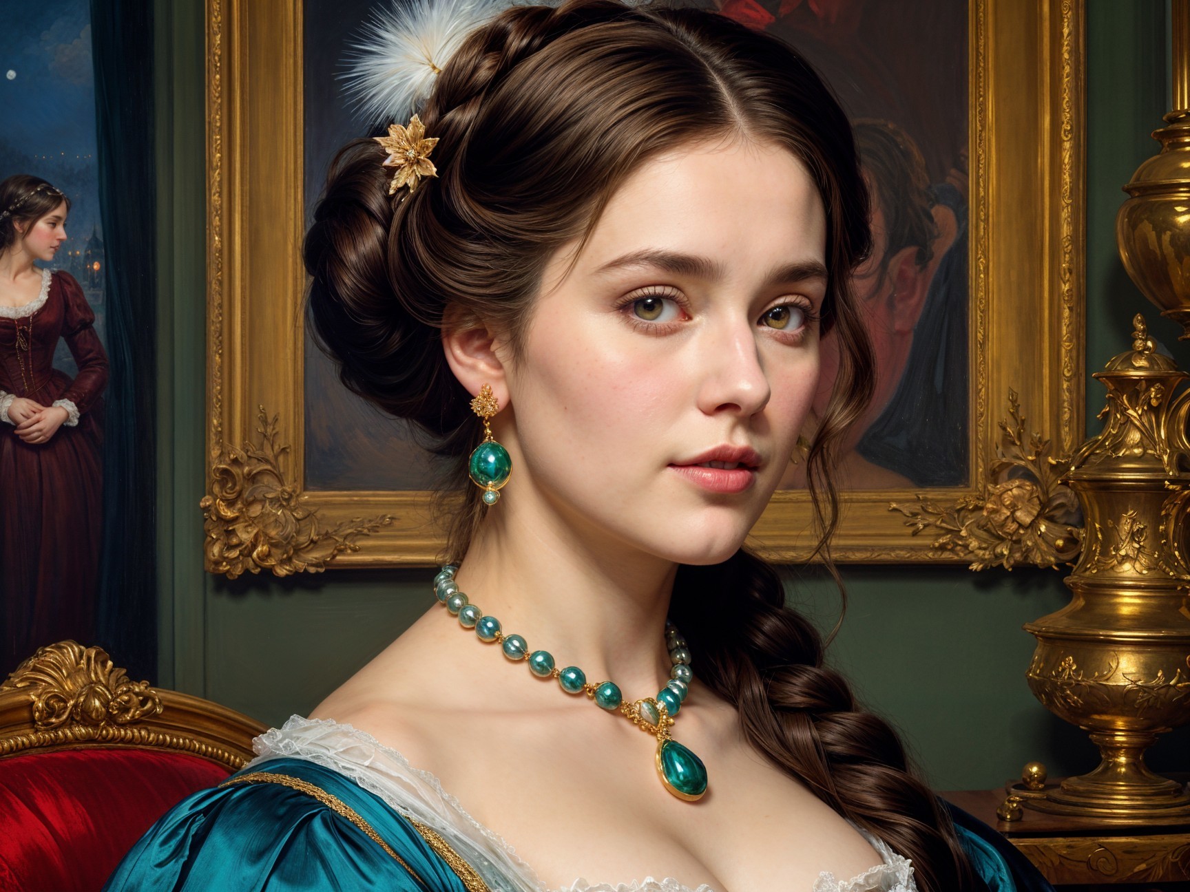 Young woman in teal dress with elegant hairstyle