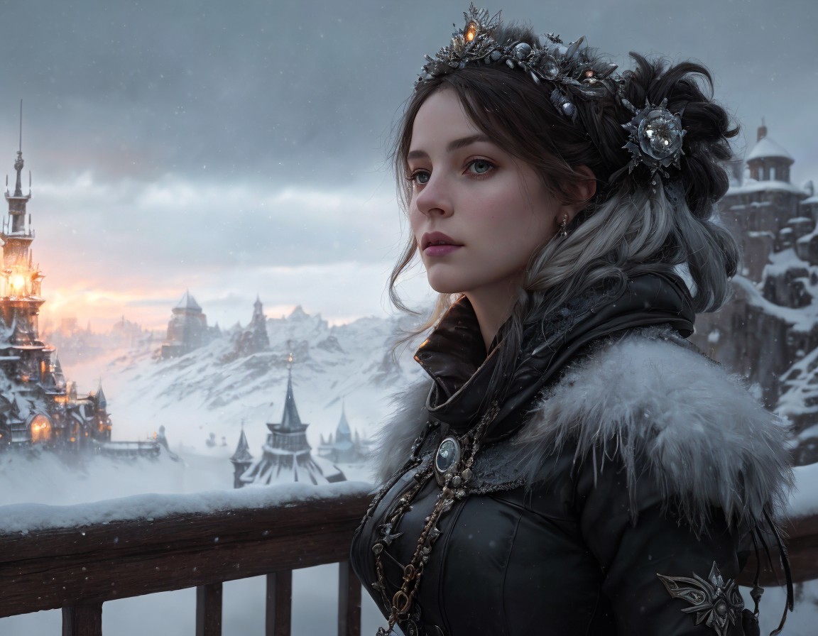 Regal Woman in Crown Before Snowy Medieval Cityscape