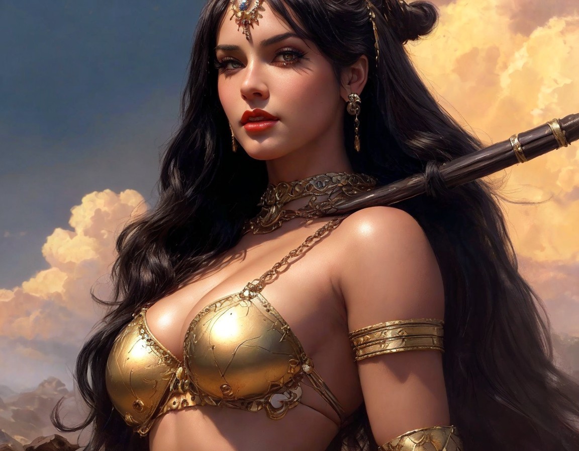 Fantasy Warrior Woman in Golden Armor with Staff
