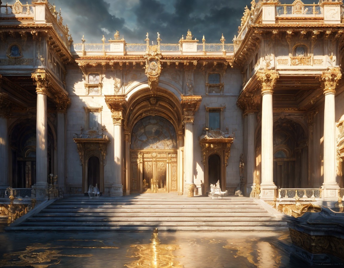 Baroque facade with golden columns and sculptures reflecting in water at sunset