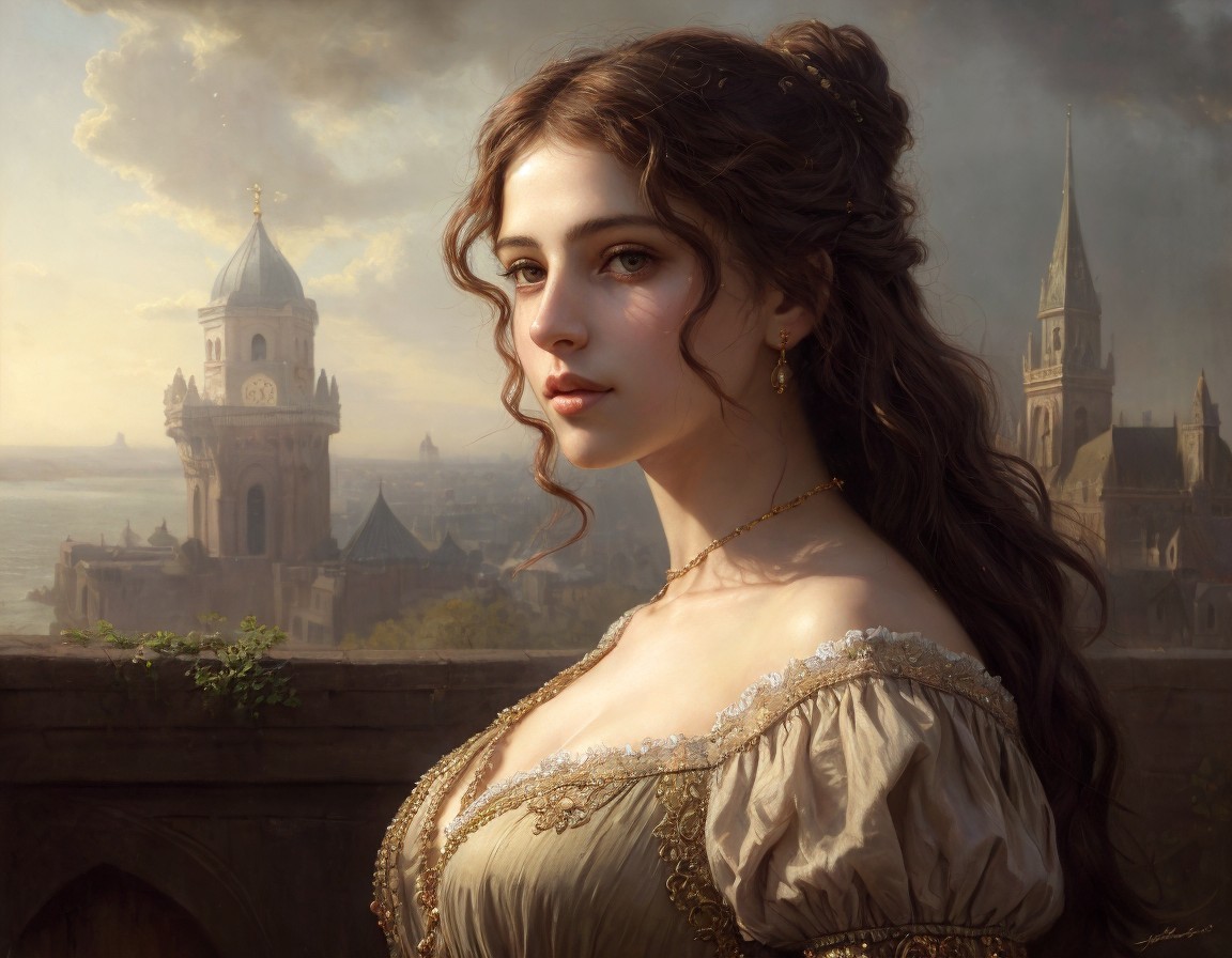 Young woman with brown hair in beige dress against old castle backdrop