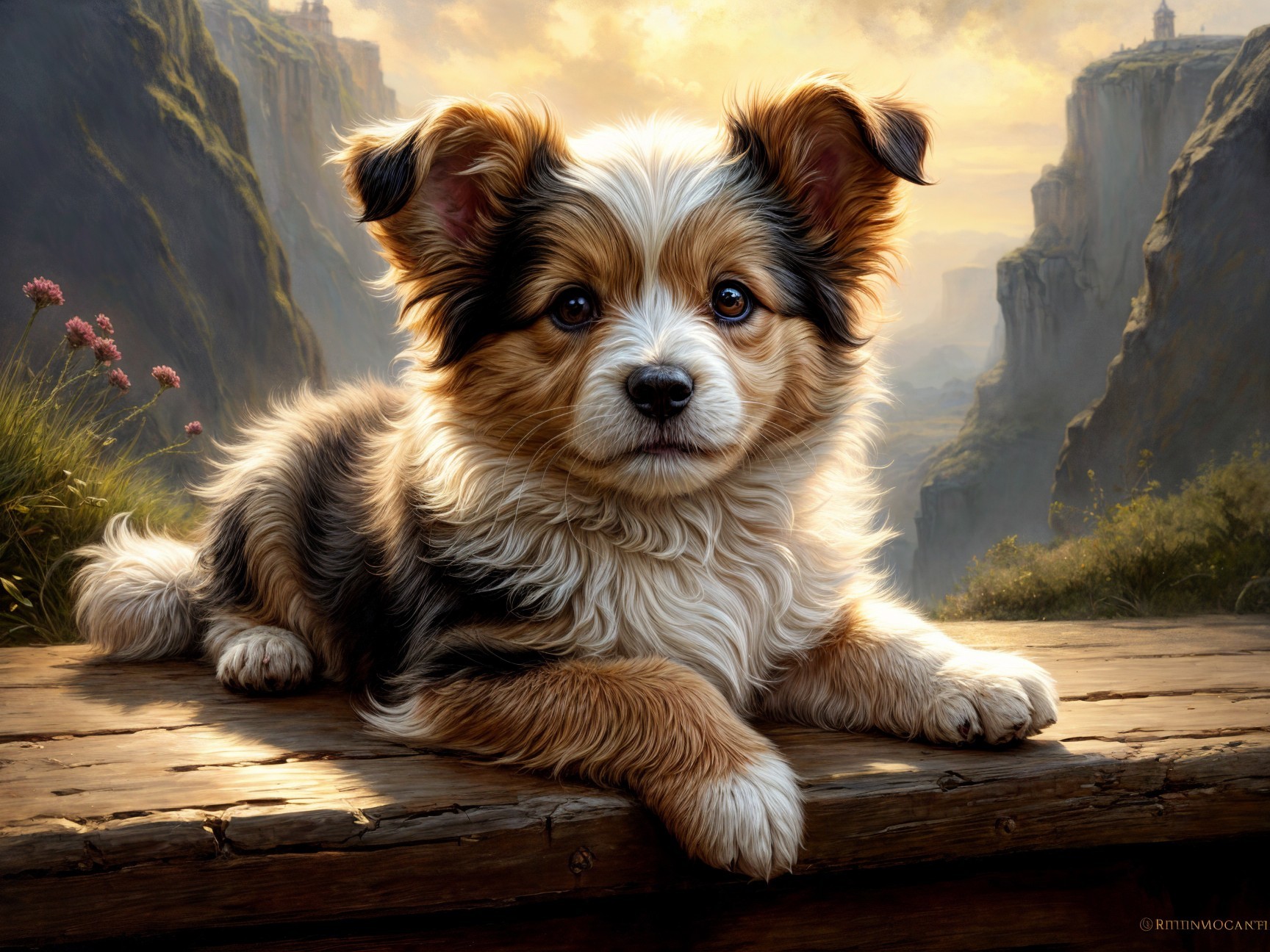 Tri-Color Puppy on Wooden Surface with Scenic Background