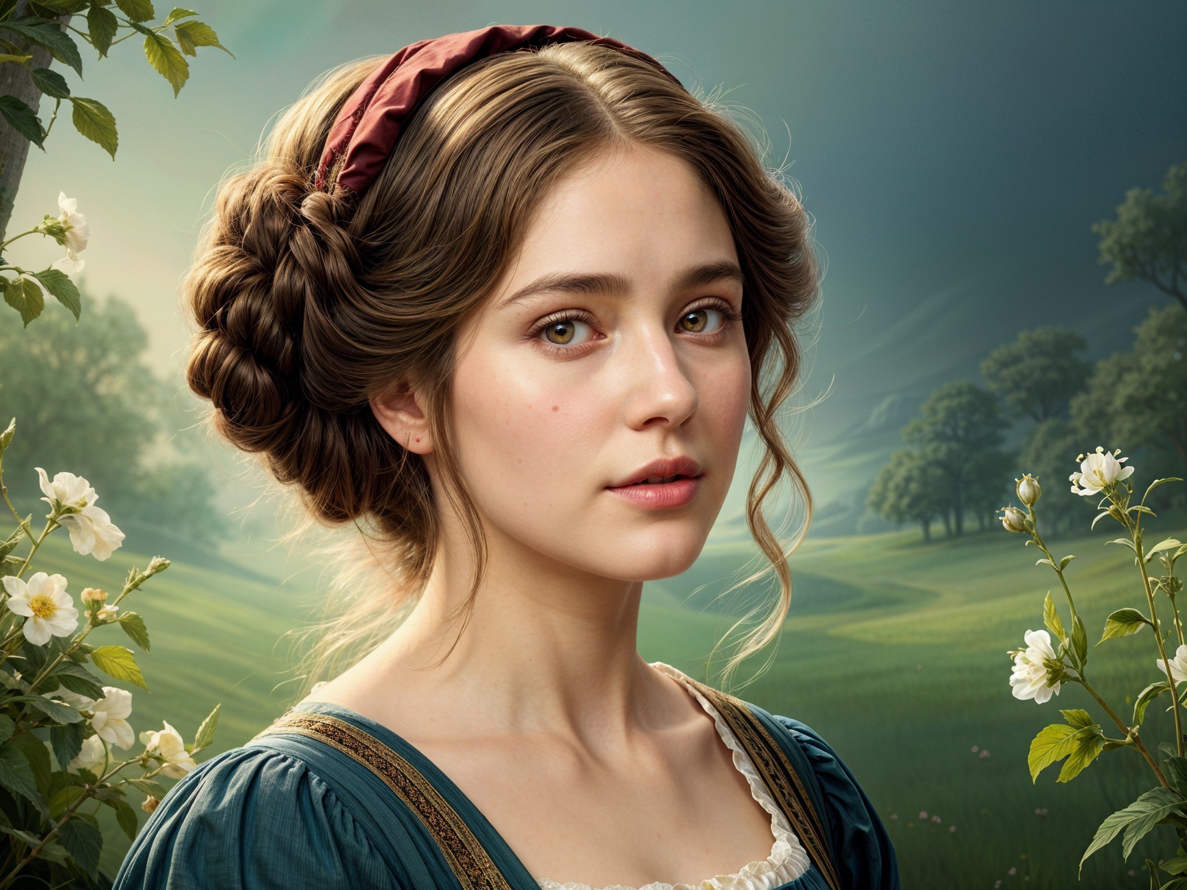 Young woman in lush landscape with white flowers