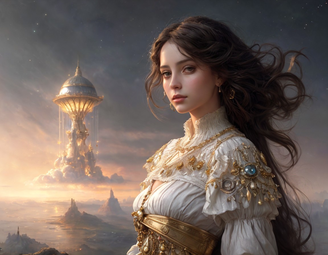 Woman in Period Attire with Fantasy Backdrop