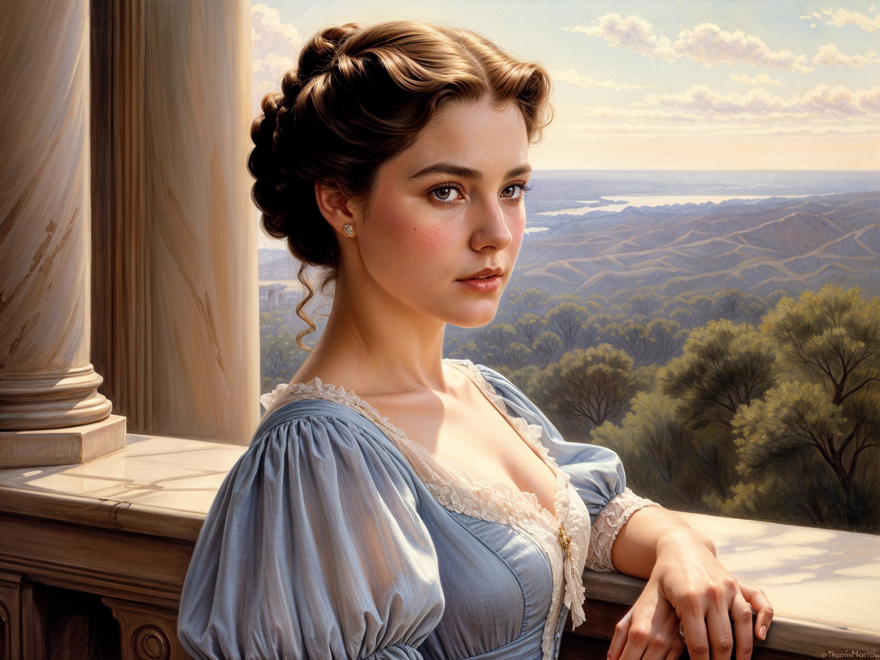 Young woman in blue dress gazing from grand window