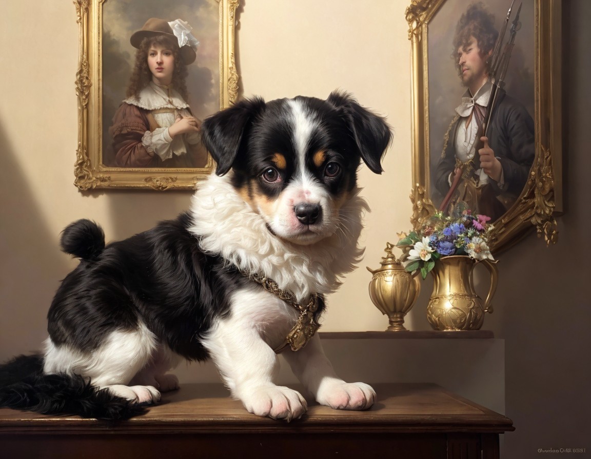 Tricolor puppy with gold medallion near classic paintings on wooden surface