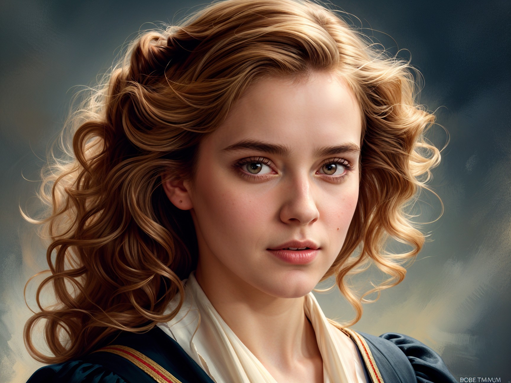 Portrait of a young woman with curly hair and green eyes