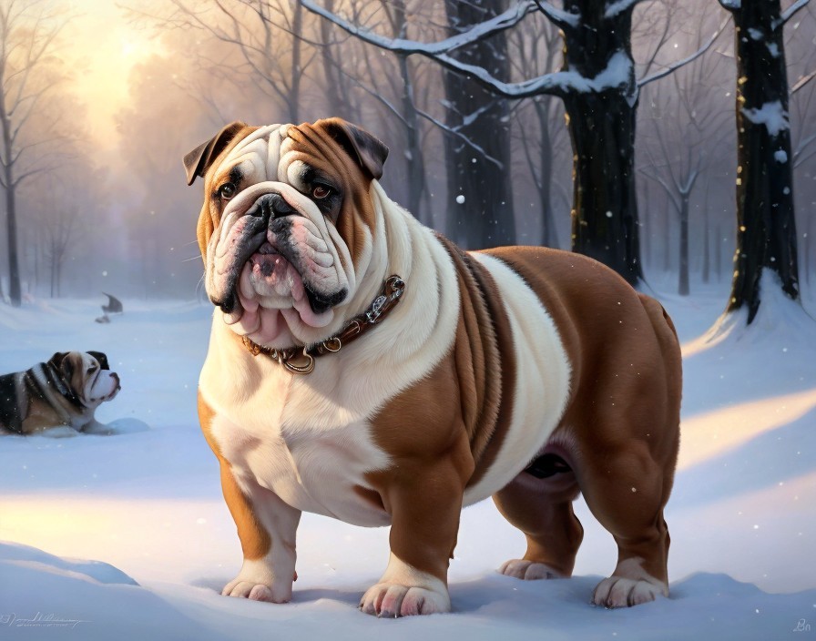 Prominent Wrinkled Bulldog in Snowy Forest Scene