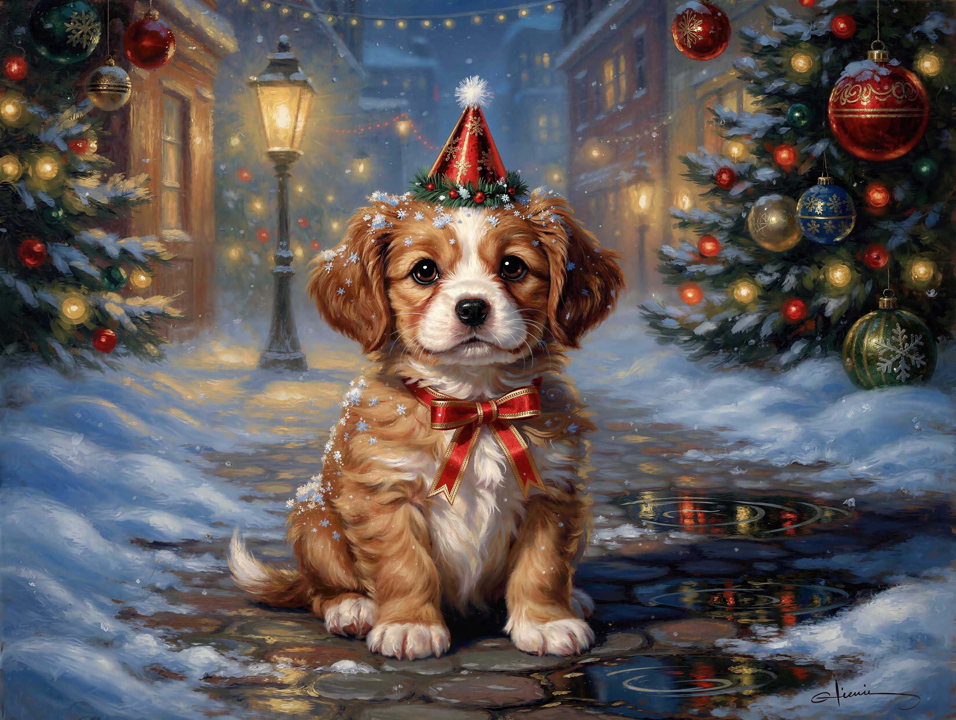 Puppy in Party Hat on Snowy Cobblestone Street