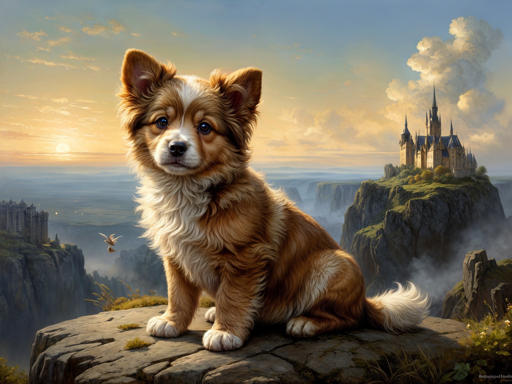 Fluffy Dog on Ledge Overlooking Sunset Landscape