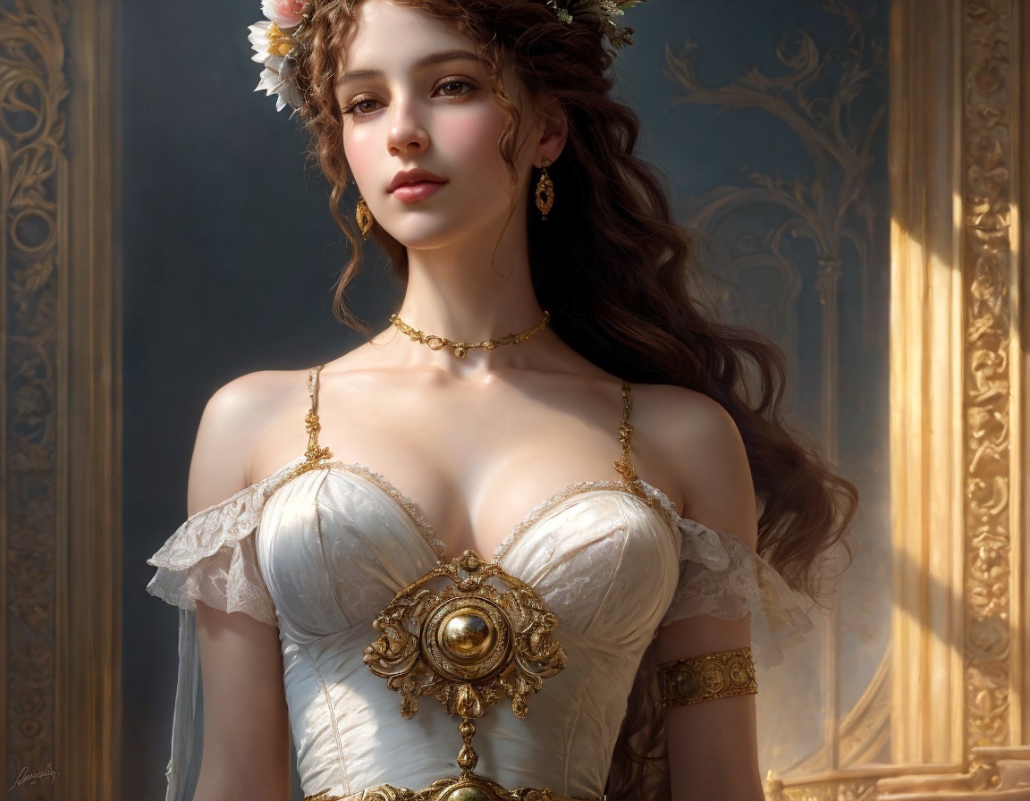 Victorian-style dress with lace and floral headpiece