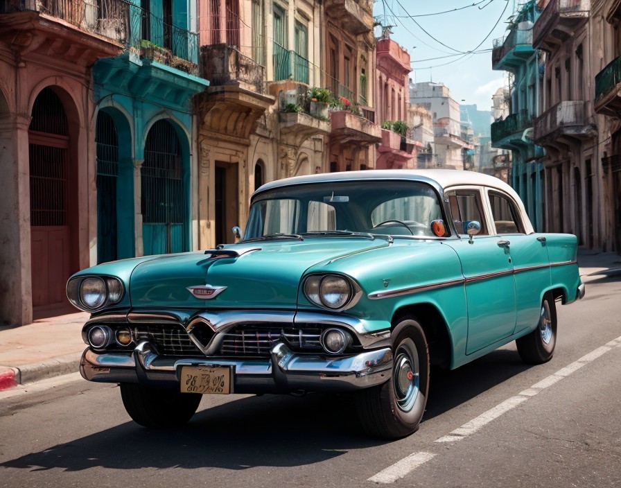 Vintage turquoise car parked on colorful street with old buildings
