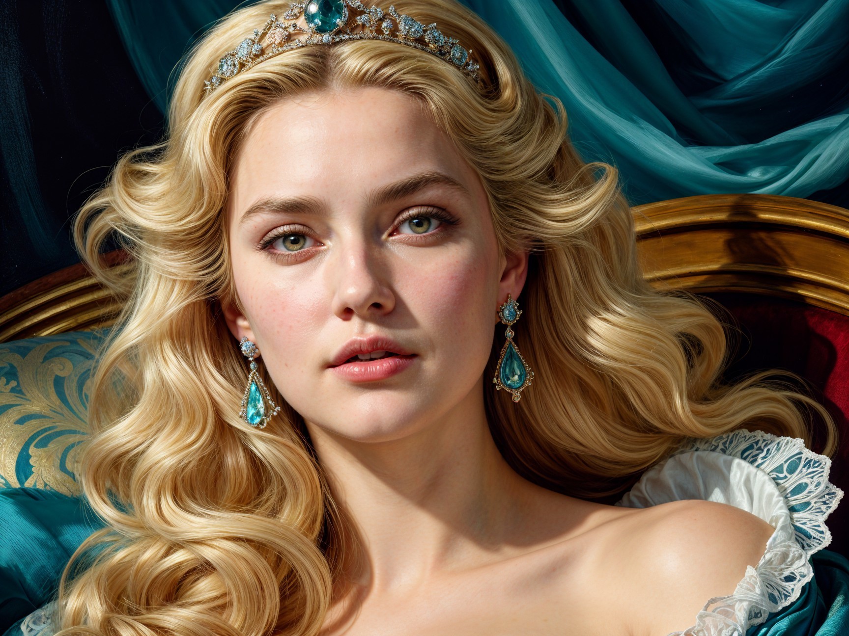 Young woman in tiara with turquoise gem and lace attire